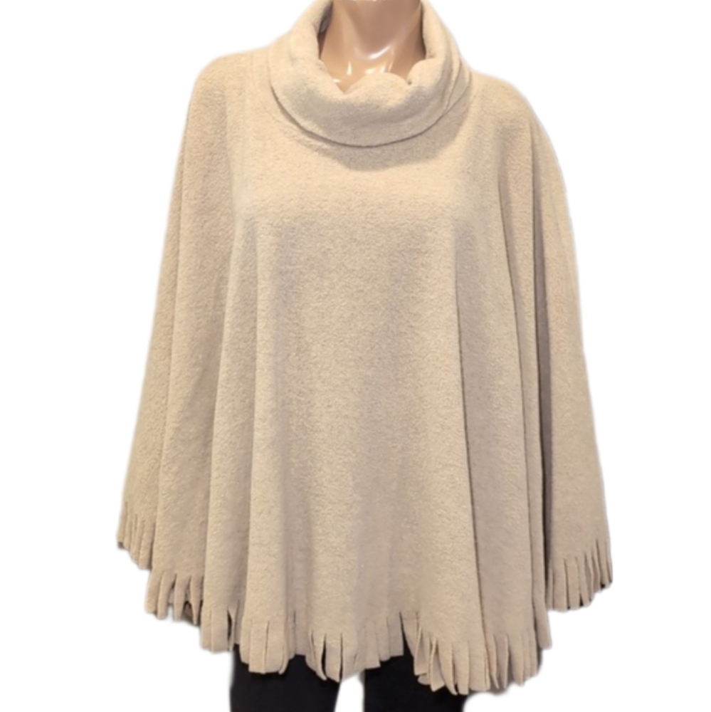 Vintage Penmans Fleece Poncho Sweater Fringe Fall Winter Khaki Beige One Size